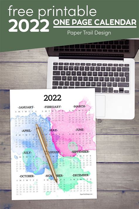 Calendar 2022 Printable One Page Paper Trail Design In 2021 Free