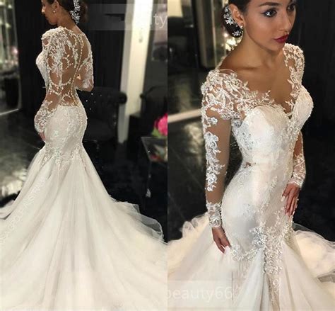 Sexy Ivory Wedding Dresses Mermaid See Through Long Sleeves Beaded Lace