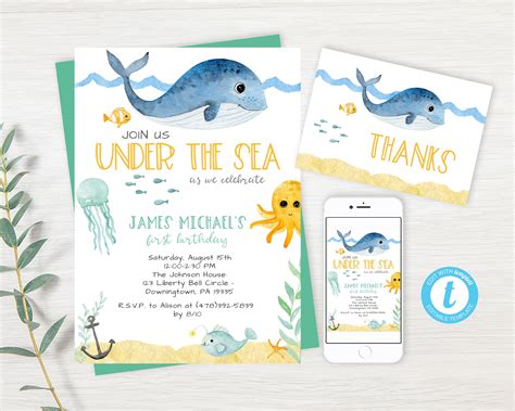 EDITABLE Under The Sea Birthday Invite, First Birthday Invitation, Ocean Invite, Aquatic Invite 