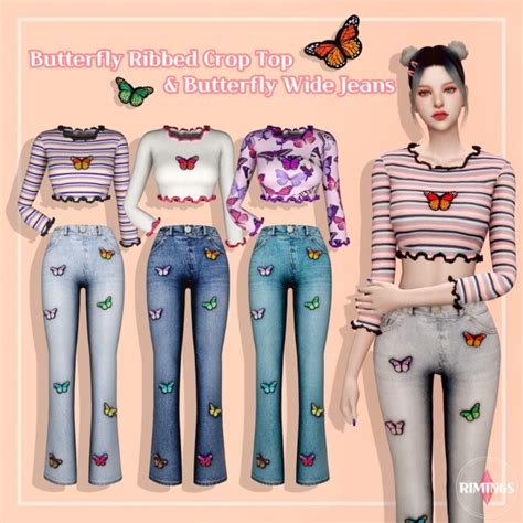 Butterfly Ribbed Crop Top And Wide Jeans At Rimings The Sims 4 Catalog