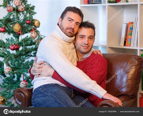 Gay Couple Of Men Embracing During Christmas Time — Stock Photo