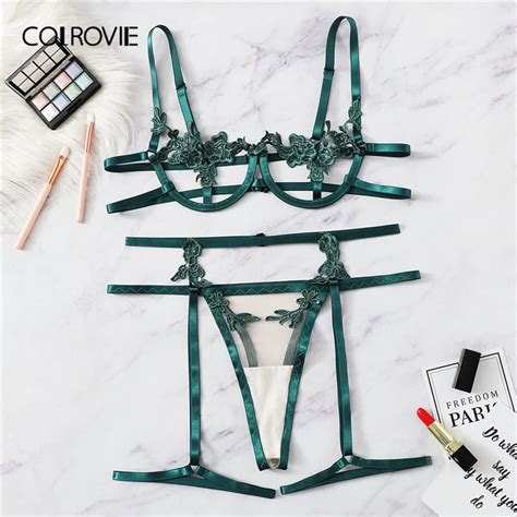Colrovie Green Harness Appliques Underwire Garter Sexy Lingerie Set Women Intimates 2019