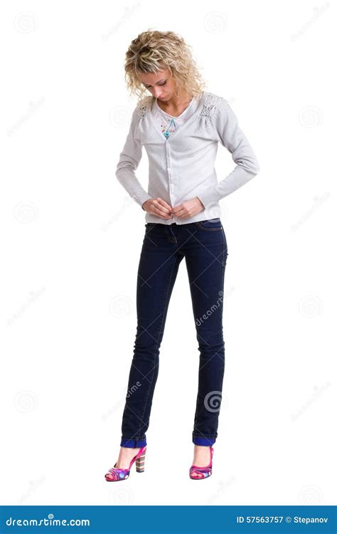 Young Woman Standing Full Body In Jeans Wear Stock Image Image Of