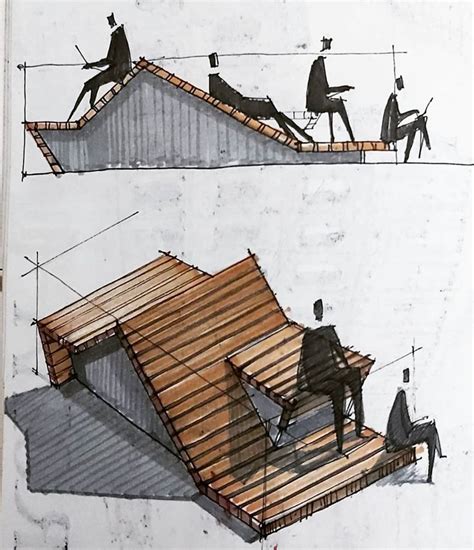 Two Drawings Of People Sitting On Benches And One Standing In Front Of