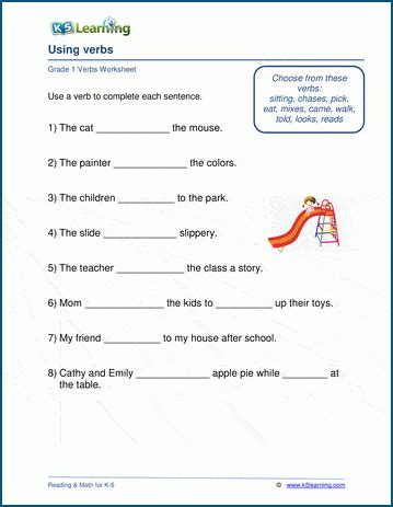 Grade 1 Verbs Worksheets K5 Learning