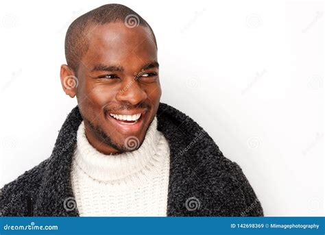 Handsome Young Black Man Smiling With Coat By Isolated White Background