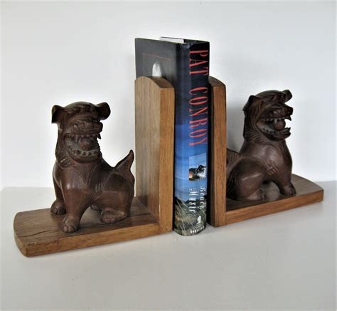 Pair Of Vintage Carved Wood Foo Dog Bookends 8 X Etsy Dog Bookends