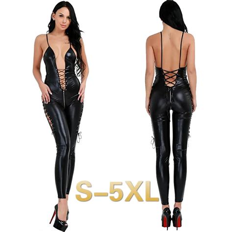 Plus Size 5xl Sexy Women Lace Up Catsuit Gothic Faux Leather Bodysuit Erotic Sleeveless Open