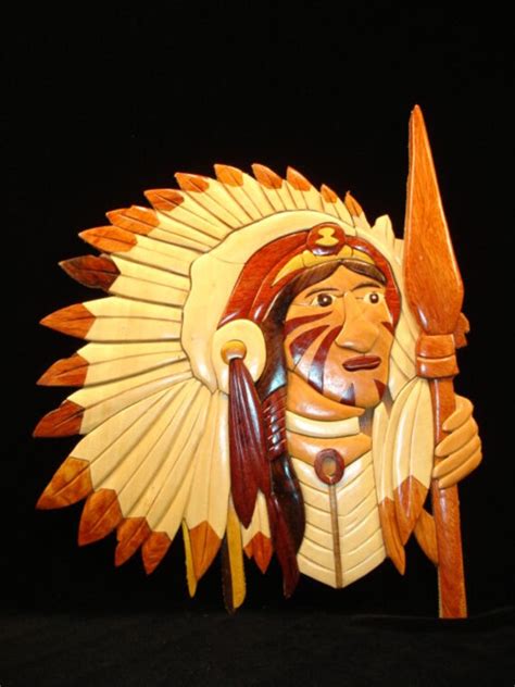 Hand Carved Wood Art Intarsia Indian Chief Sign By Myheritageusa