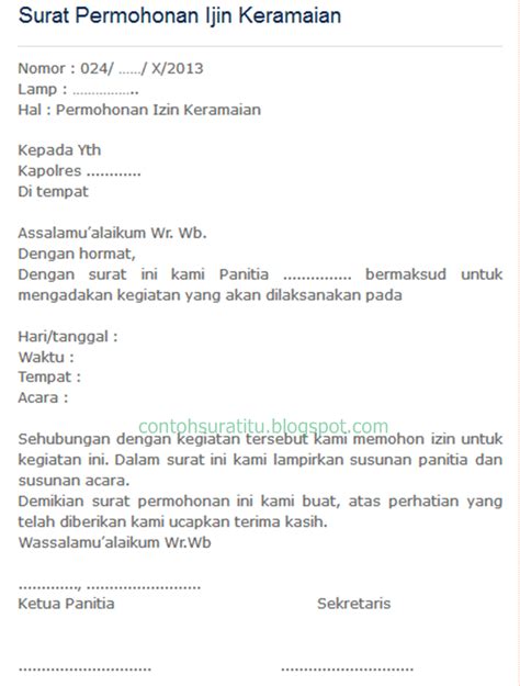 Contoh surat Izin Keramaian yang Benar