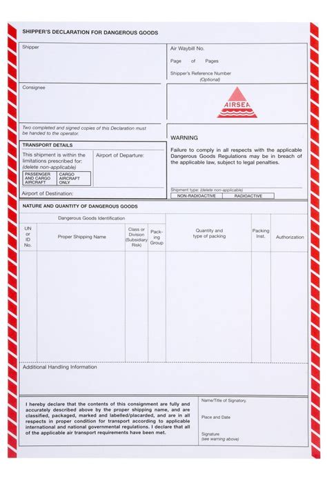 Printable Dangerous Goods Declaration Form