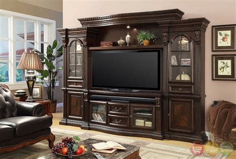 Entertainment centers and tv wall units display your television and other electronics in a visually pleasing way. Parker House Bella Traditional Dark Wood Entertainment ...