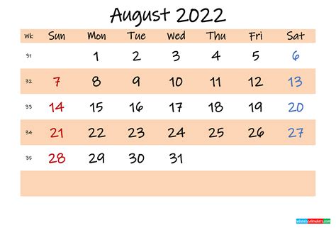 Printable Calendar August 2022 Template K22m560 Free Printable