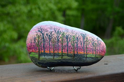 Painted Rock Trees Backyard Sunrise Painted Stone Hand Painted Art