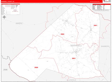 Barnwell County, SC Zip Code Wall Map Red Line Style by MarketMAPS