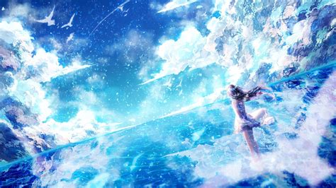 Anime Bird Sky Light Dress Long Hair Original Blue Girl Beauty Wallpaper 2560x1440 815916