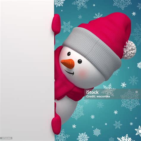 snowman looking out the corner holding blank page christmas banner 3d character cute toy winter