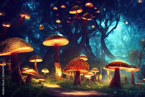 Surreal Fantasy Land With Large Forest Full Of All Sizes Mushrooms