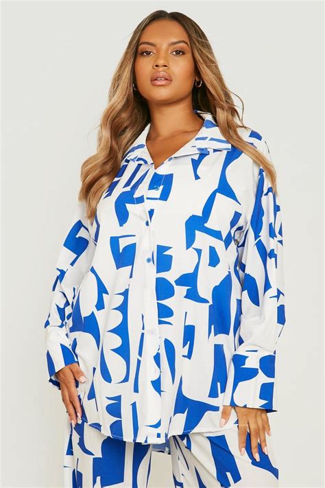 Womens Black Plus Abstract Print Oversized Shirt Boohoo Uk