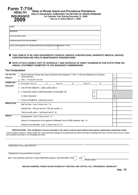 Check spelling or type a new query. Form T-71h - Health Insurance Companies Tax Return Of Gross Premiums - 2009 printable pdf download