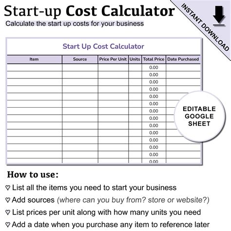 Editable Start Up Cost Calculator For Business Printable Etsy Canada