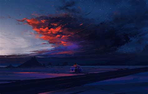Обои Twilight Road Sky Desert Landscape Nature Sunset Night Art