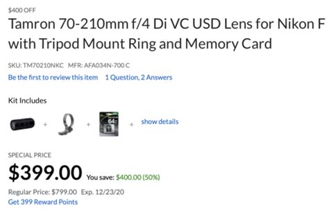We used 16.464441 international currency exchange rate. Deal of the day: the Tamron 70-210mm f/4 Di VC USD lens ...