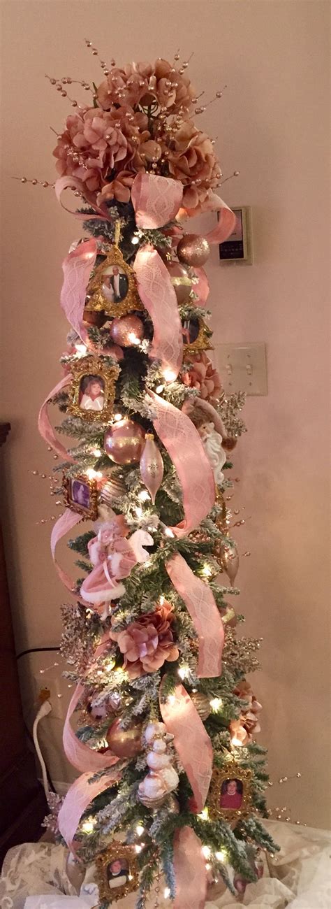 Victorian Theme Skinny Christmas Tree Pink Ribbon Lace Skinny