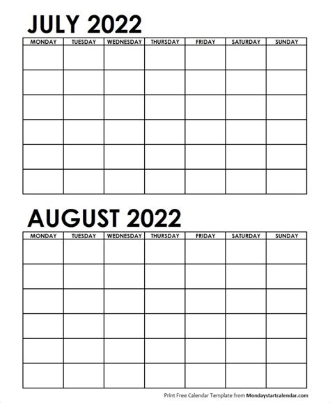 Two Month July August 2022 Calendar Blank Template