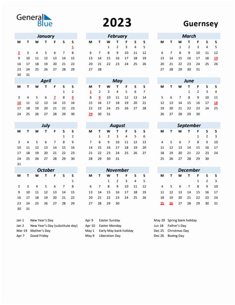 2023 Guernsey Calendar With Holidays