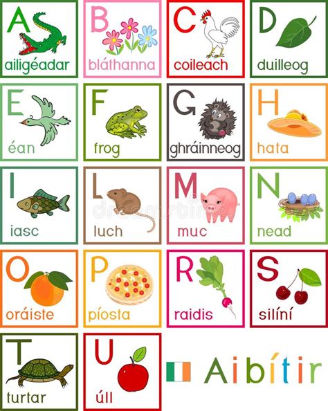 Colorful Irish Alphabet With Pictures And Titles For Children Education
