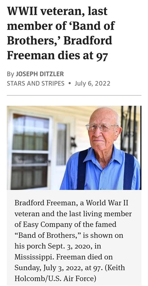 Wwii Veteran Last Member Of Band Of Brothers Bradford Freeman Dies At 97 By Joseph Ditzler