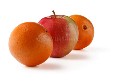 An Orange And An Apple Cut In Half On A White Background Stock Photo