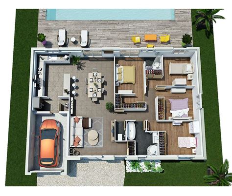 Plan 3d Villa Contemporaine De Plain Pied Moderne Plans And Maisons