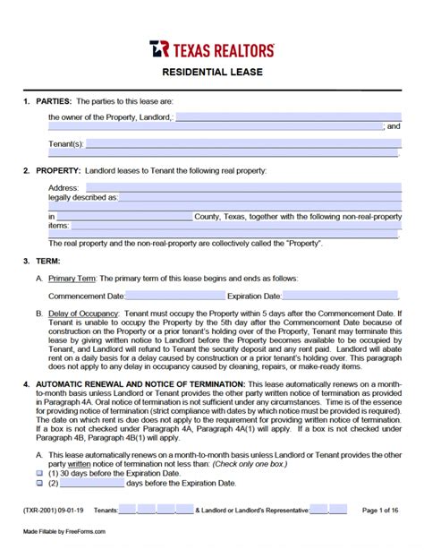 Word Fillable Form Template Rental Agreement Texas Printable Forms Free Online