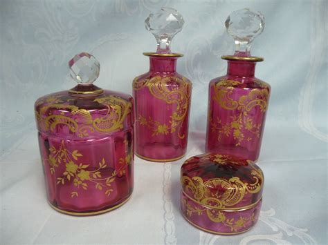 Antique Gilt Enamel Cranberry Glass Moser Perfume Scent Bottle Set