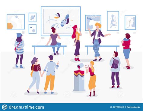Art Gallery With Visitors Looking At Paintings Vector Flat Illustration. People At The ...