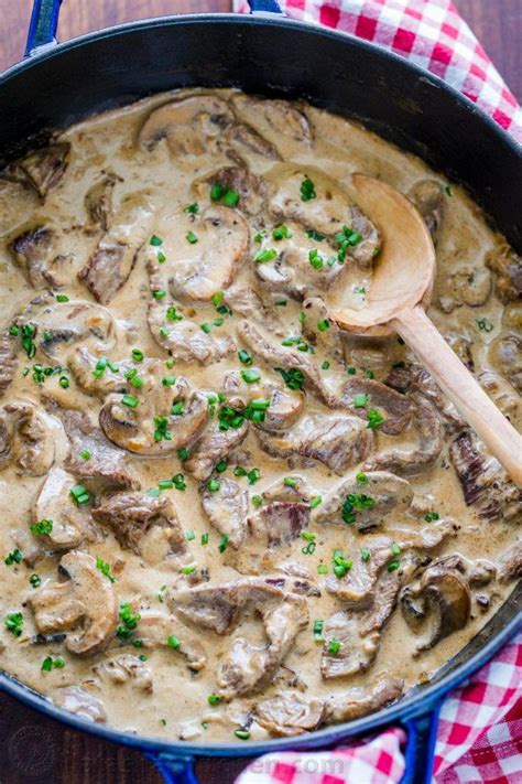 Classic Beef Stroganoff With Tender Strips Of Beef And Mushrooms In An