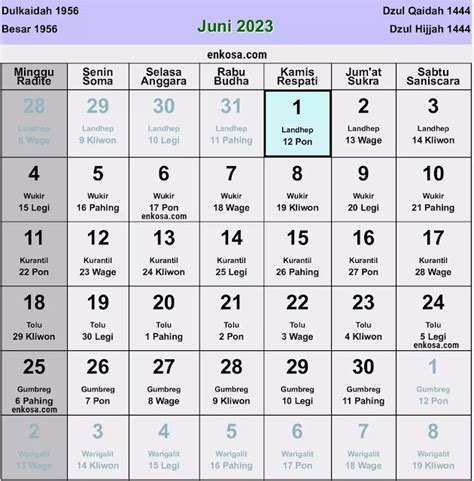 Kalender Jawa Juni 2023 Lengkap Hari Baik