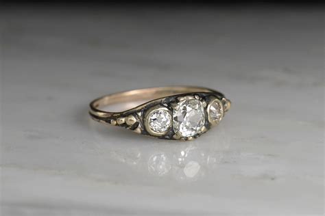 Antique Victorian Old Mine Cut Diamond Gold Engagement Ring Pebble And Polish