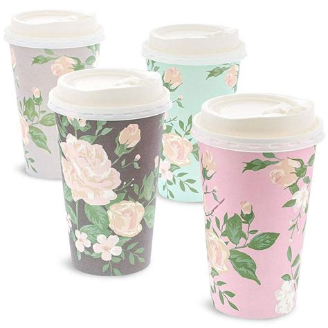 48 Pack Vintage Floral Insulated Disposable Coffee Cups With Lids 16oz Paper Hot Cup To Go For