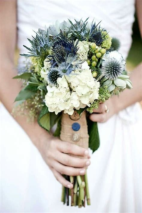 Rustic Wedding Bouquet Arranged With White Hydrangea Blue Eryngium