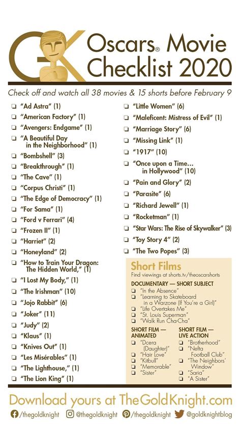 Oscars 2020 Download Our Printable Movie Checklist In 2022 Oscar