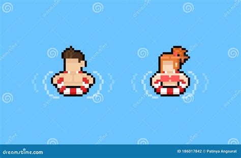 Pixel Art Cartoon People On Swim Ring With Water Effect Stock Vector