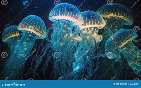 Bioluminescent Jellyfish Glowing Purple And Blue In The Ocean Sea