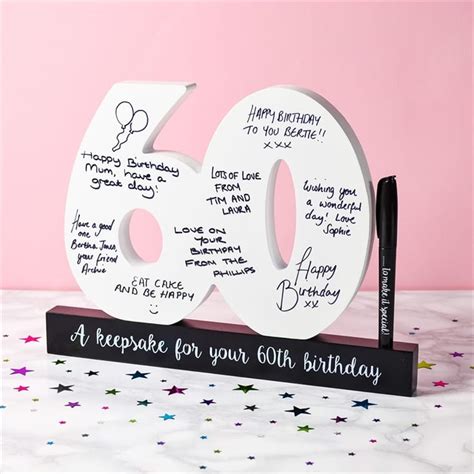 Here are some ideas for things to write on the badge 60th Birthday Signature Number | Find Me A Gift