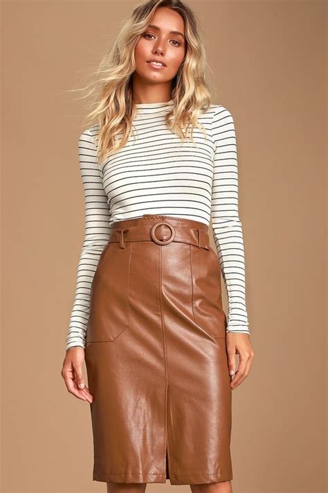 Rider Brown Vegan Leather Pencil Skirt In 2020 Leather Mini Skirts