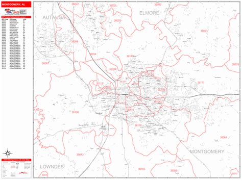 Montgomery Alabama Zip Code Wall Map Red Line Style By