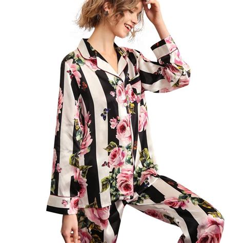 2019 New 19 Momme Striped Floral Silk Pajama Set Silk Pajama Set