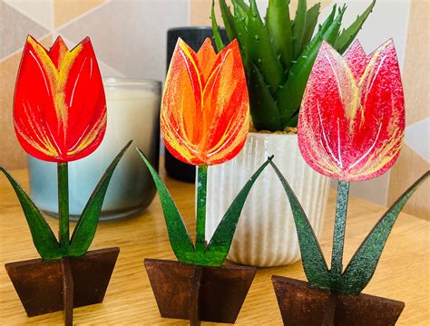 Set Of 2 Wooden Hand Painted Tulip Flowers Home Decorative Etsy